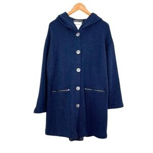 AMS PURE Wool-Blend Knit Hooded Coat Jacket Navy Blue Cable Back Button Front M